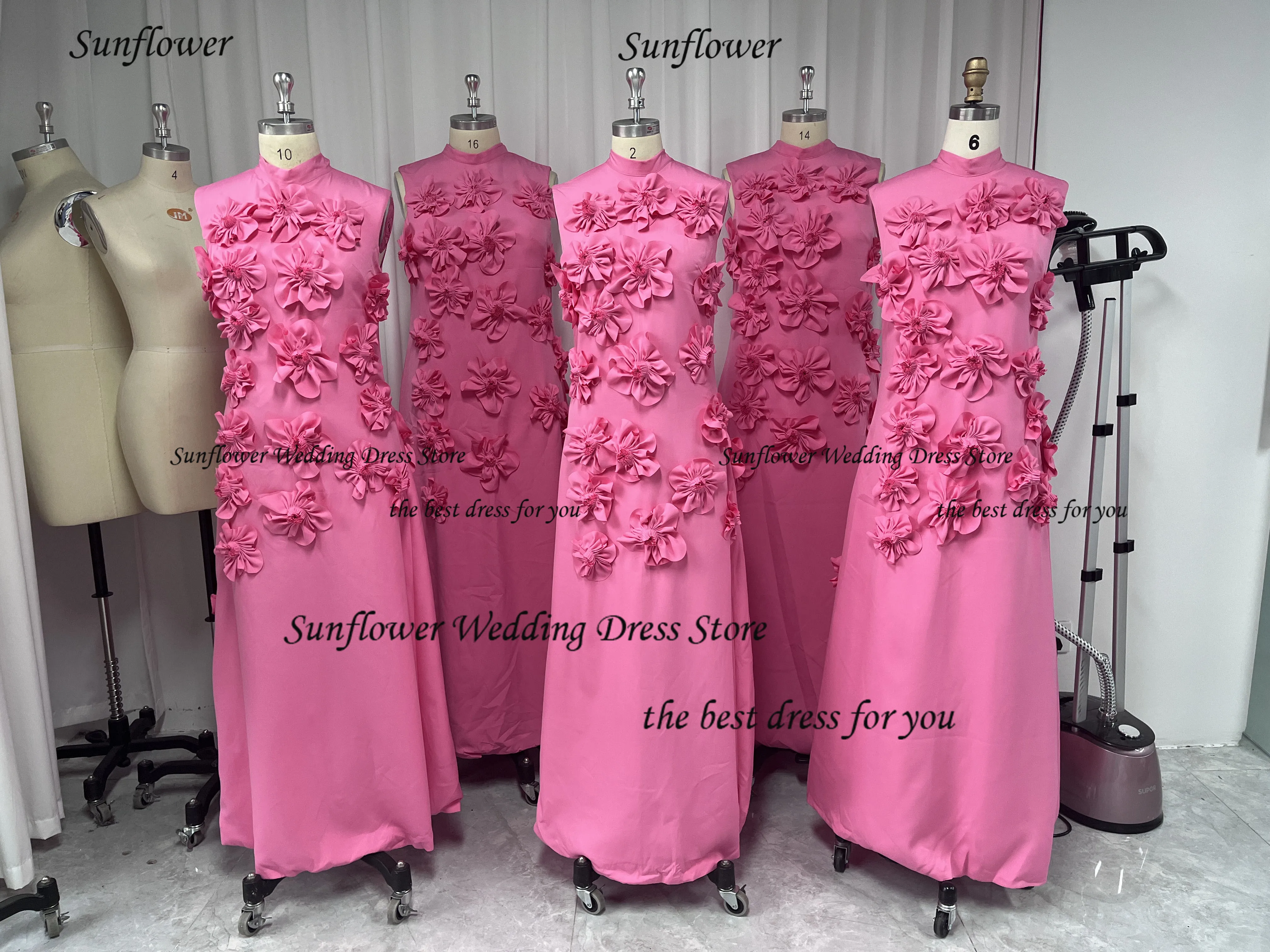 Sunflower Crepe A-line High neck 3D Flowers Saudi Elegant Prom Gown Ankle Length Formal Evening Party Dresses for Women 2024