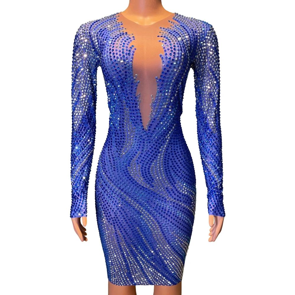 Funkelnde blaue Strass Mesh durch langärmlige kurze Kleid Frauen sexy feiern Abend Geburtstag Kleid Fotoshooting tragen