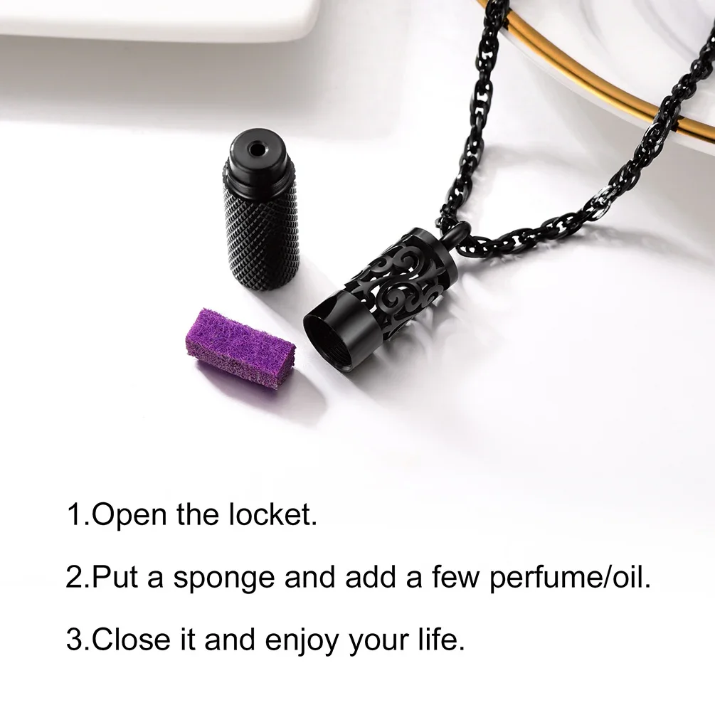 PROSTEEL Stainless Steel Perfume Locket Pendant Necklace Black 18K Gold Color Essential Oil Bottle Diffuser for Women Men Gift