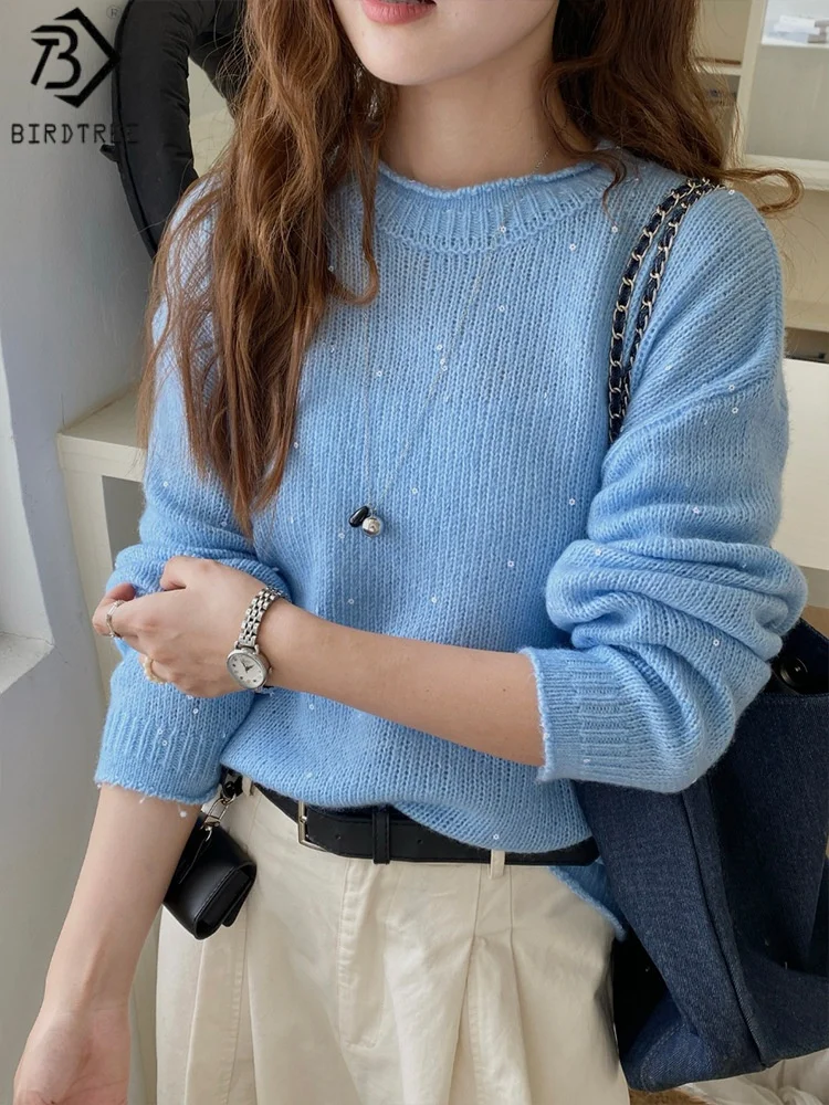 

Birdtree 31.8% Sheep Wool 3.9% Cashmere Sweater,Woman Wool Blend Full Sleeve Sequin Rolled Collar Loose Knitwear Tops T59218JF