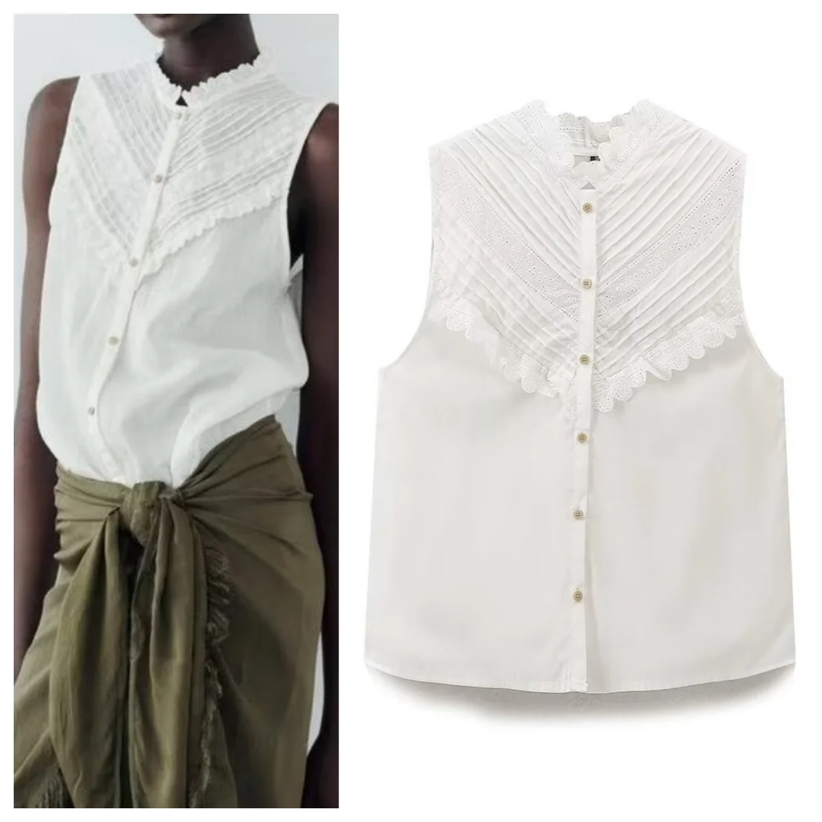 

French fashion all-match lace sleeveless white shirt for women summer new style fashion all-match design shirt top