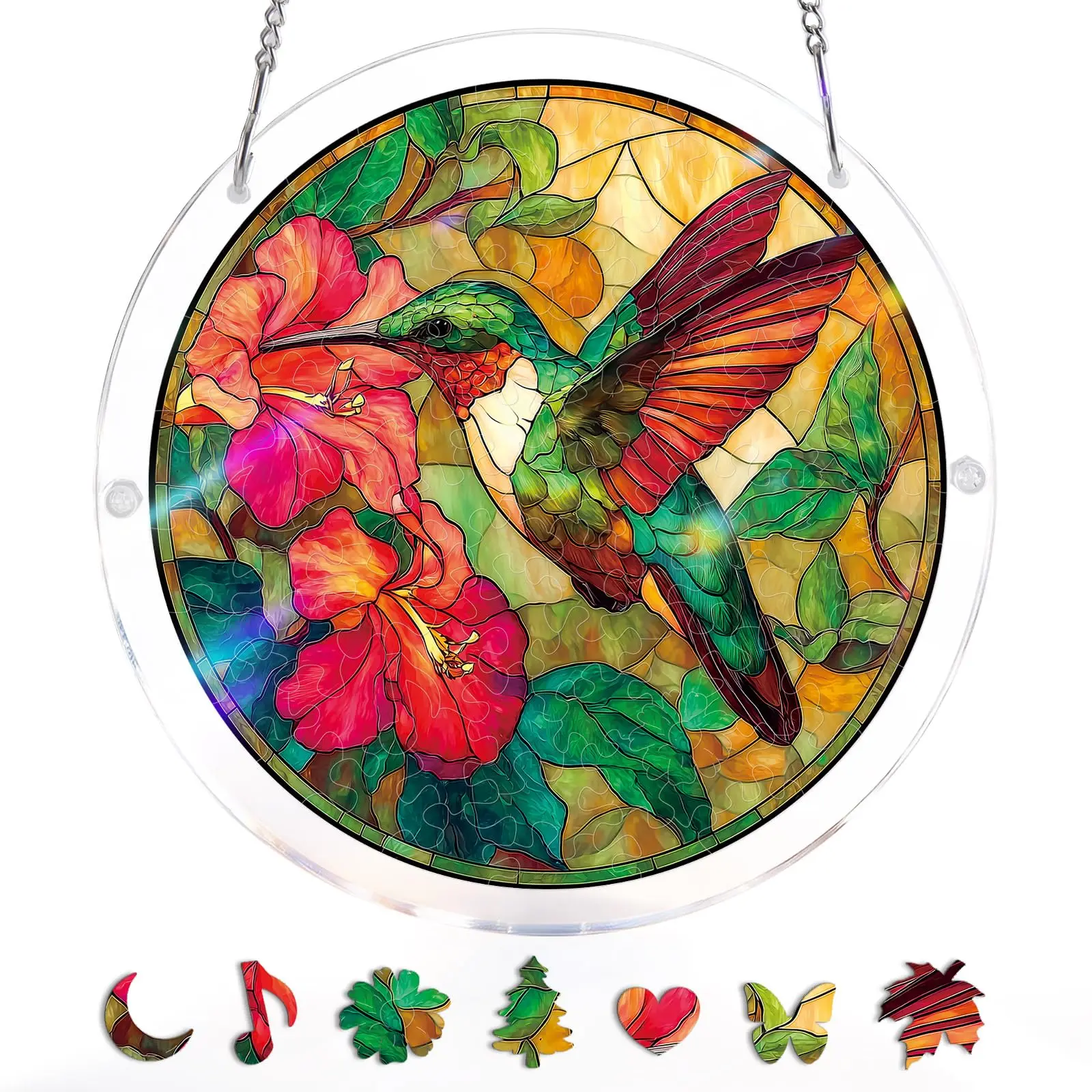 Round Vibrant Acrylic Stained Glass Window Hanger - Hummingbird Floral Design, Perfect for Home Decor, Birthday Gifts