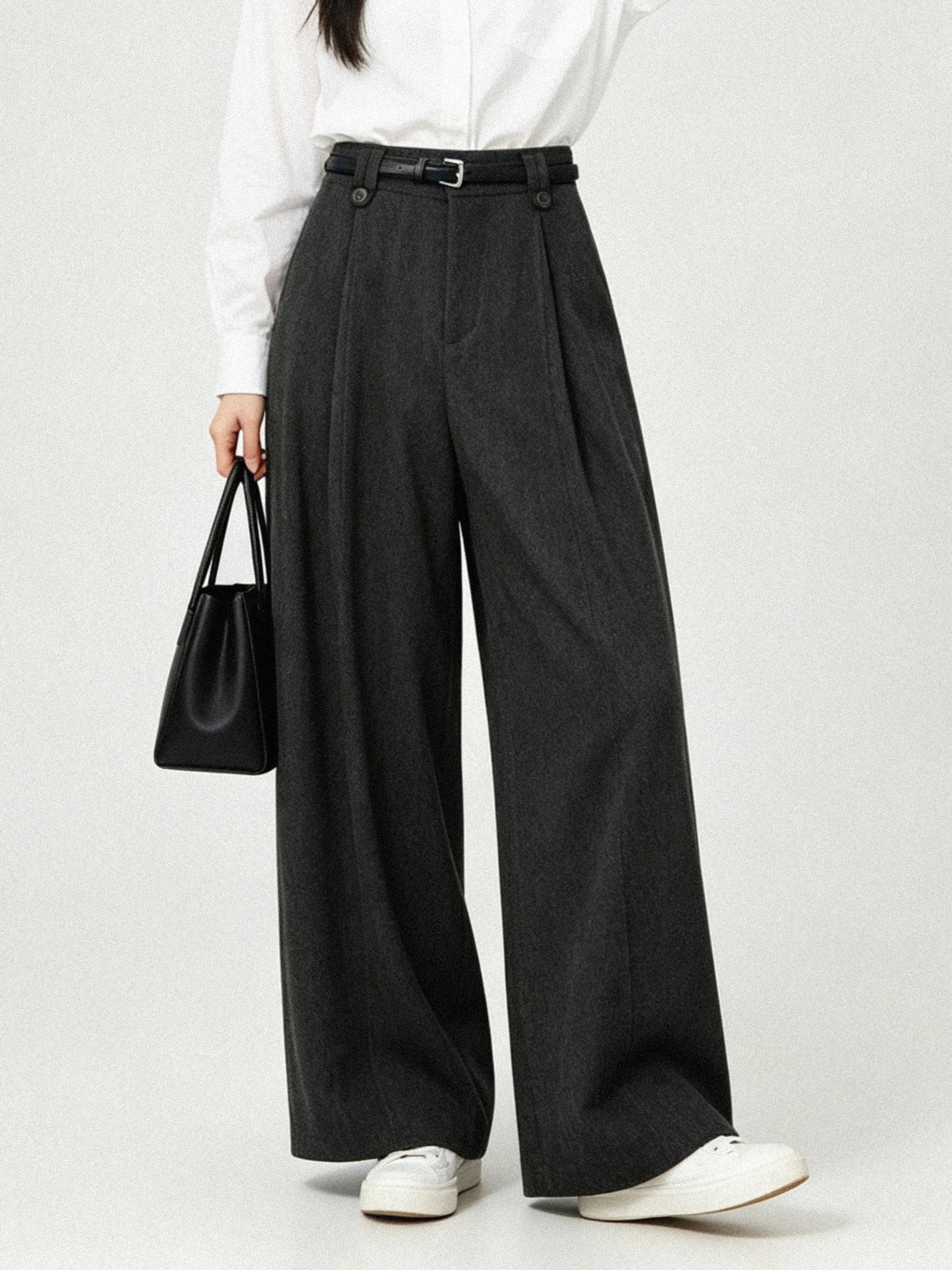 High Waist Wide Leg Pants Korean Style Casual Pleated Wool Blend Loose Slimming Casual Long Trousers for Women