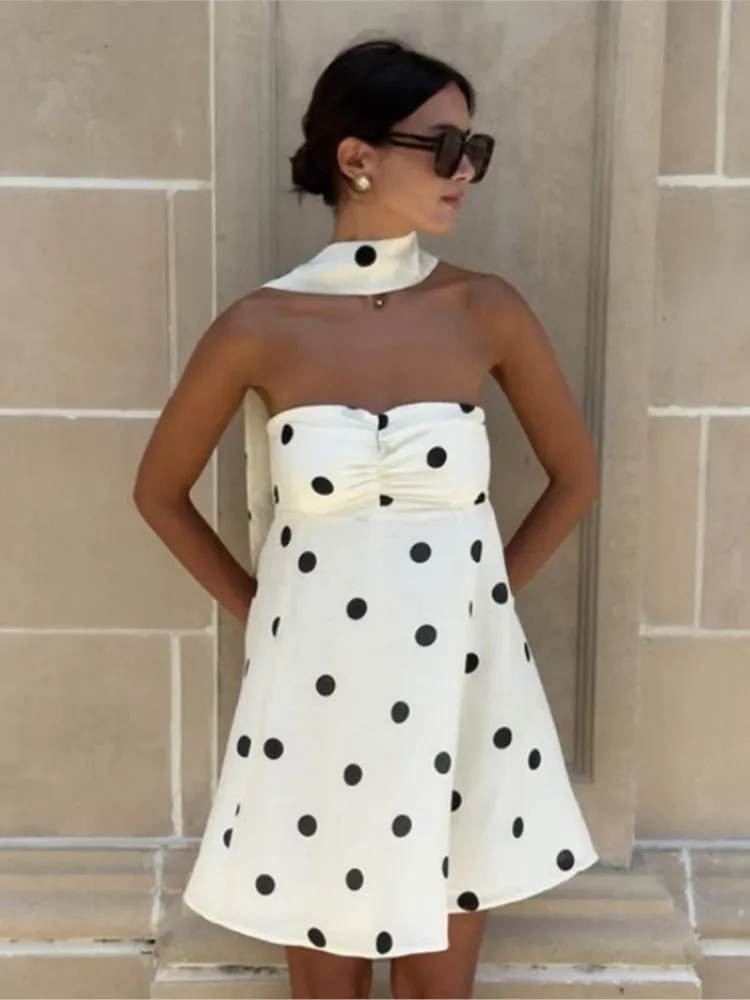Modieuze tube-top jurk voor dames, elegante zomerjurk met stippenprint, sjaal, feestjurk, mini-jurk voor dames 2026 - afbeelding 2