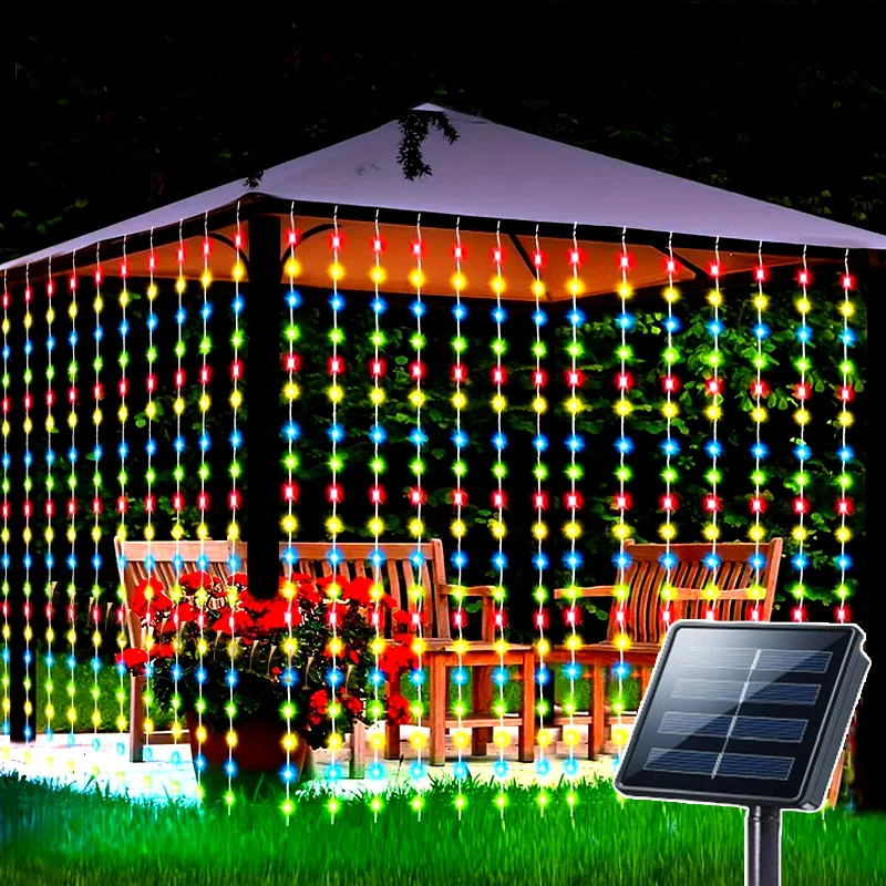 8つのモードを備えたソーラーカーテン、クリスマス、結婚式、パーティーの装飾用のフェアリーテイルライト、屋外ガーデンストリングライト、窓やパティオ用