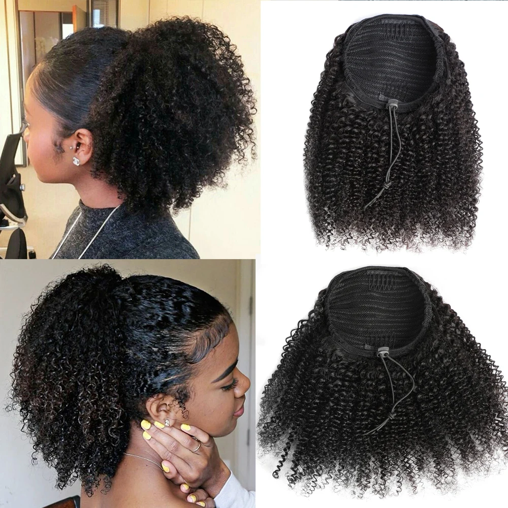 24 Inches Long Afro Kinky Curly Drawstring Ponytail 100 Gram Drawstring Curly Ponytail Human Hair Extensions For Black Women