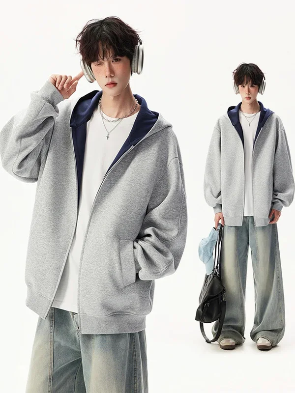 

Fall Season Men's Hoodie Cardigan Loose Fit Trendy Korean Sle Couple's Top Pure Color Versatile Comfortable Outerwear
