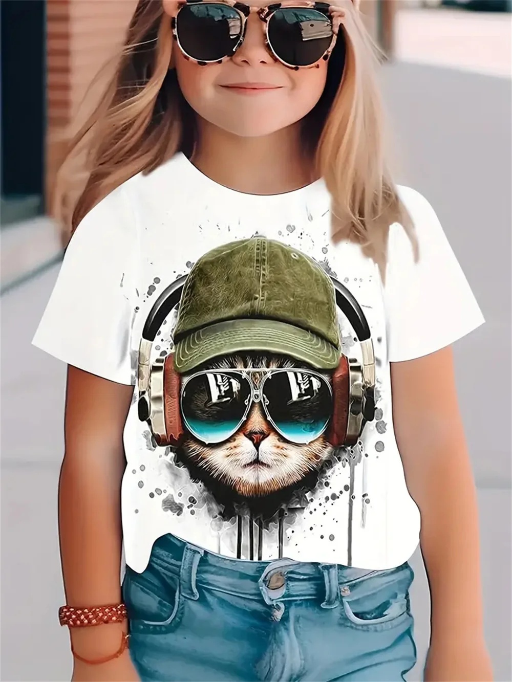 女の子用半袖Tシャツ,3Dプリント,漫画,猫,漫画,カジュアル,ファッション,夏,2025