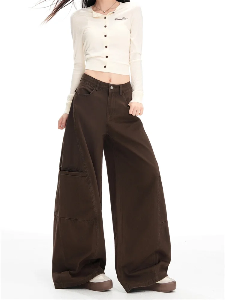 Brown Cargo Wide Leg Jeans Women High Waist Loose Straight Trousers Fleece Lined Fashion Girl Streetwear Casual Comfort Fit