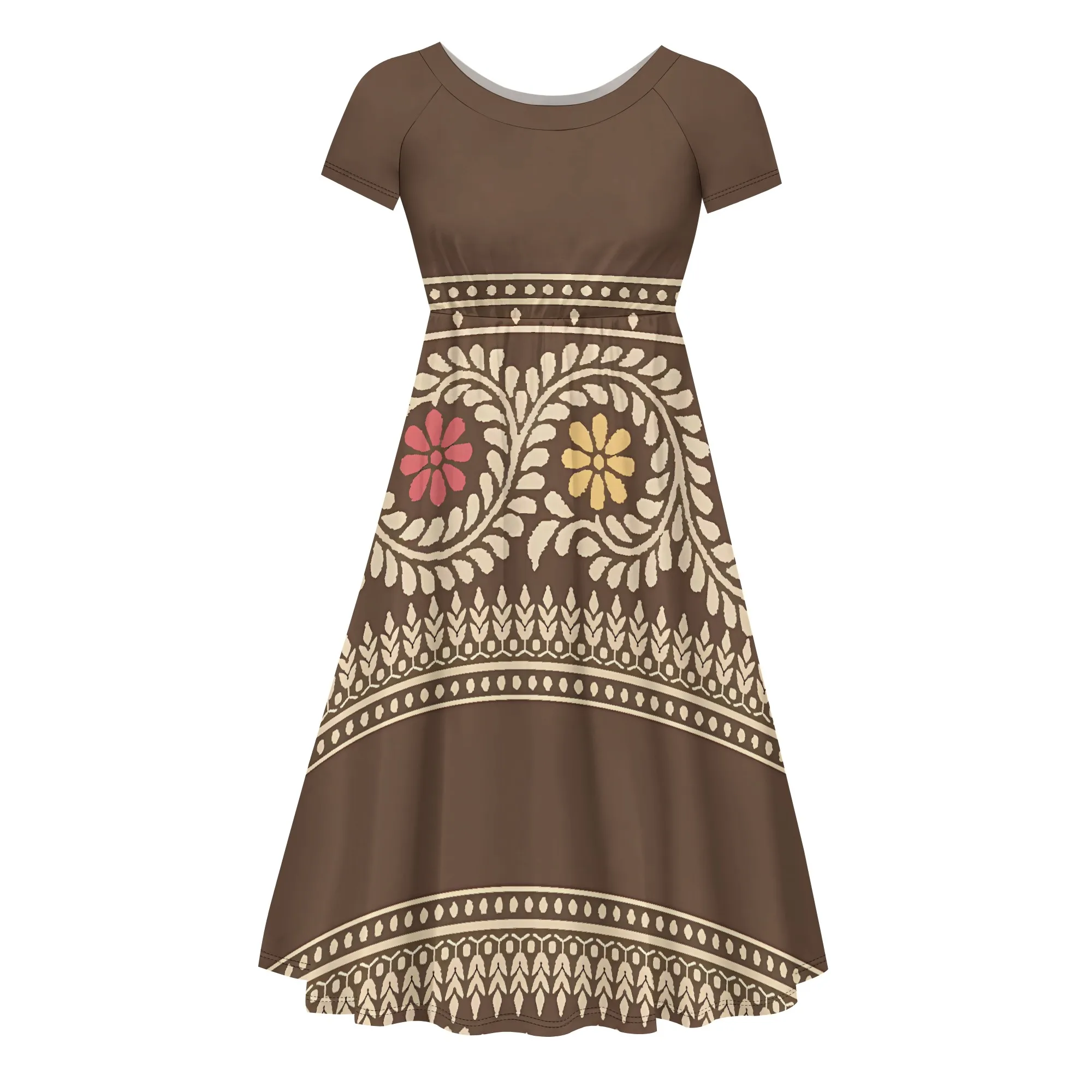 Nupusa Ethnic Floral Print Dress for Women Standard Size Summer Casual Crew Neck Short Sleeve Midi Dress