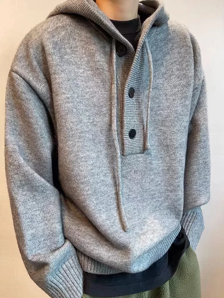 

Мужской вязаный свитер в стиле ретро, свободного кроя, на пуговицах, повседневный, с длинным рукавом, однотонный, с капюшоном, осенне-зимний, плотный, модный топ