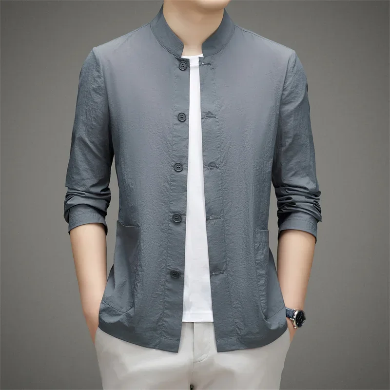 

Солнцезащитные дышащие рубашки для мужчин с длинными рукавами из полиамидного волокна, летние, качественные, гладкие, удобные, с воротником-стойкой, Camisas De Hombre