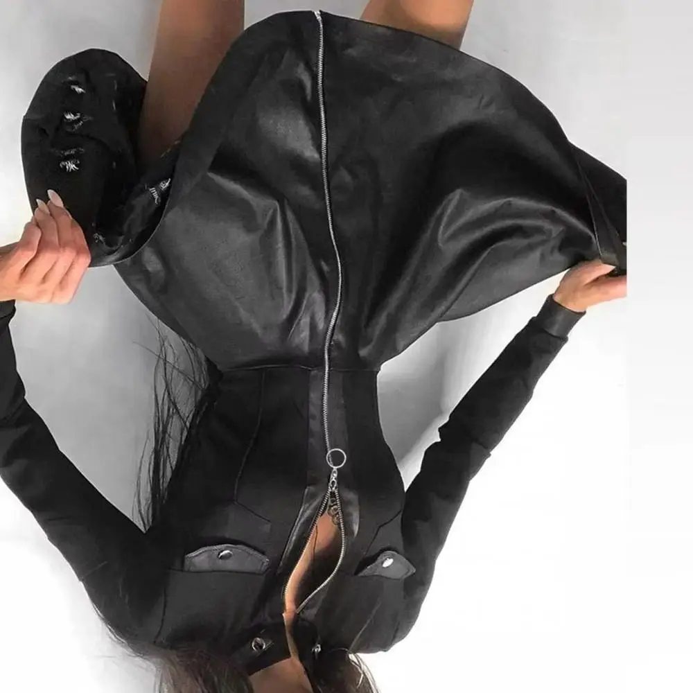 

2025 Sexy Lace Sleeve Leather Dress Lady Pleated Short Dress Large Hem Faux Leather Mini Dress Long Sleeve Zipper Pocket Dresses