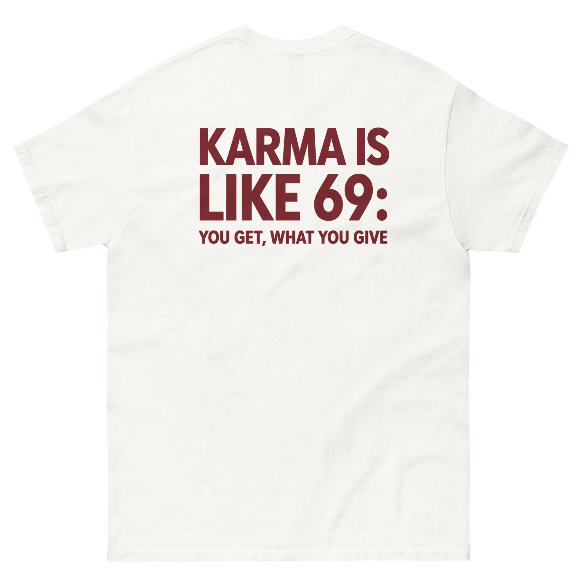Funny Karma Is Like 69 Text Print T-shirt Men Humor Slogan Short Sleeve Trendy Pure Cotton Loose Casual Streetwear Top
