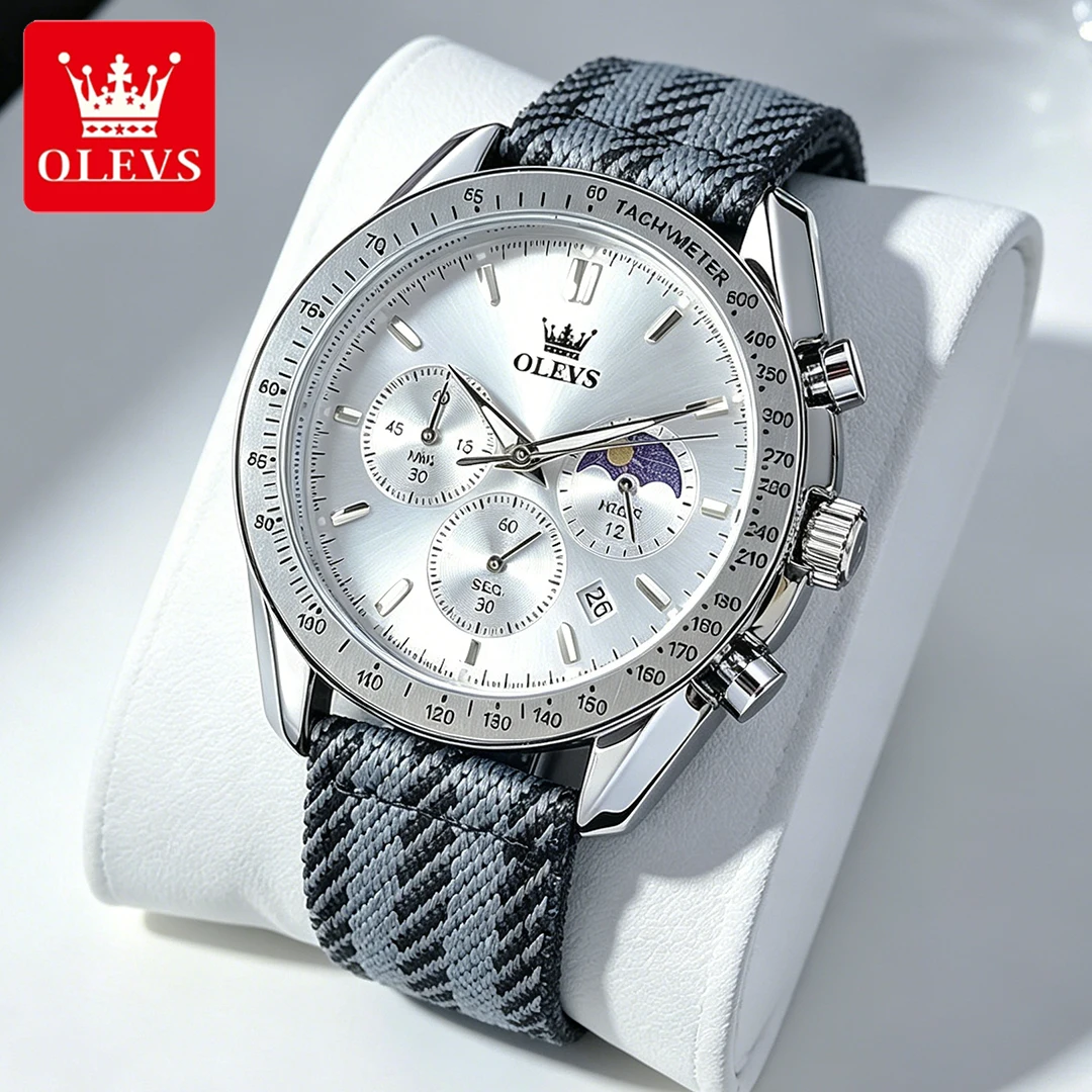 OLEVS Men's Watches Luxury Fashion Nylon Strap Multi-function Original Brand Quartz Wristwatch Waterproof Luminous Moon Phase