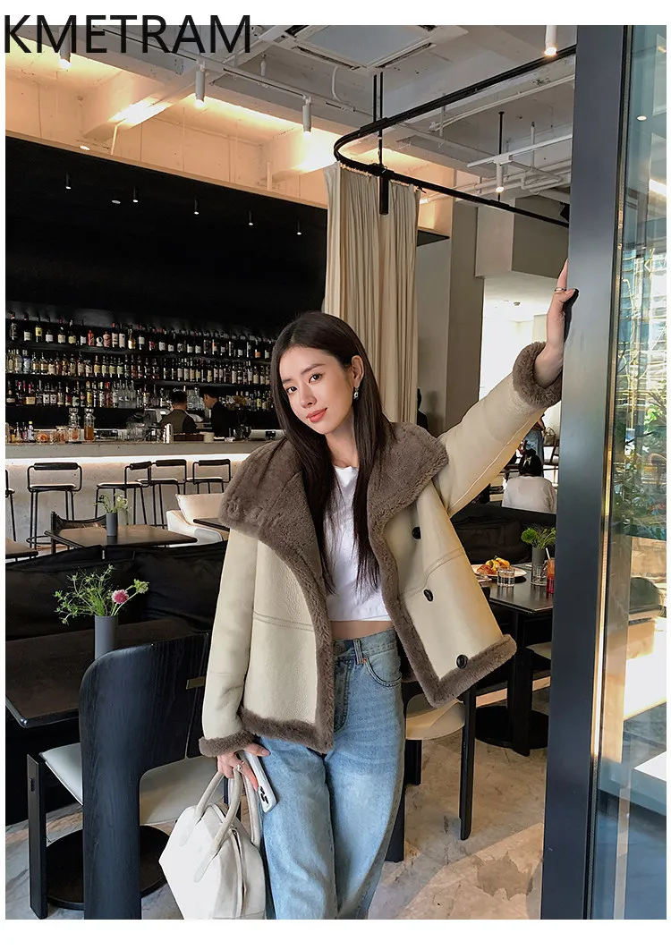 KMETRAM 천연 메리노 양가죽 울 부착 코트 여성용 스탠드 칼라 짧은 리얼 퍼 재킷 2026 겨울 여성 의류