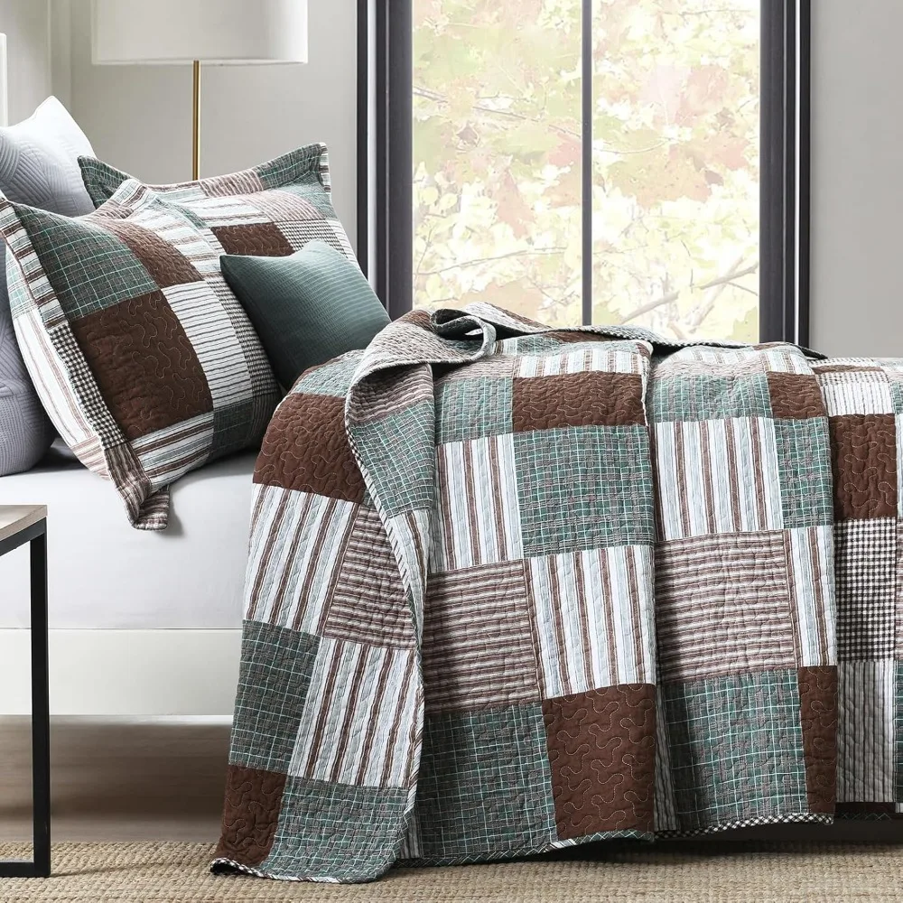 Grid Quilt Large -100% Cotton Farmhouse Large Quilt with 2 Pillowcases, Bed Sheet Bedding Set (90 * 98 Inches)