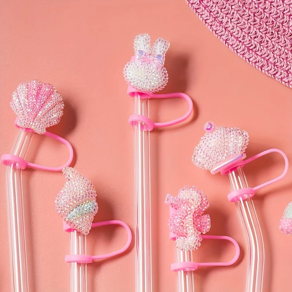6pcs Bling Straw Toppers, Glittering Cup Accessories, Reusable 10mm/0.4 Inch Straw Tips Cover, Cute Drink Decor for Cups