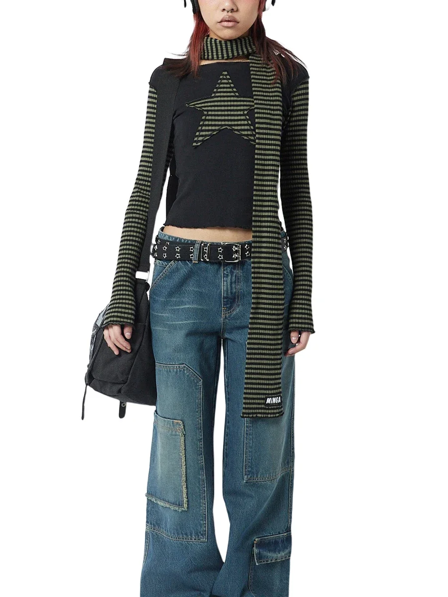 Camisa informal de estrella para mujer, Tops góticos Y2k de manga larga con cuello redondo y rayas de estrellas, Tops ajustados estéticos Vintage, ropa de calle Grunge a la moda