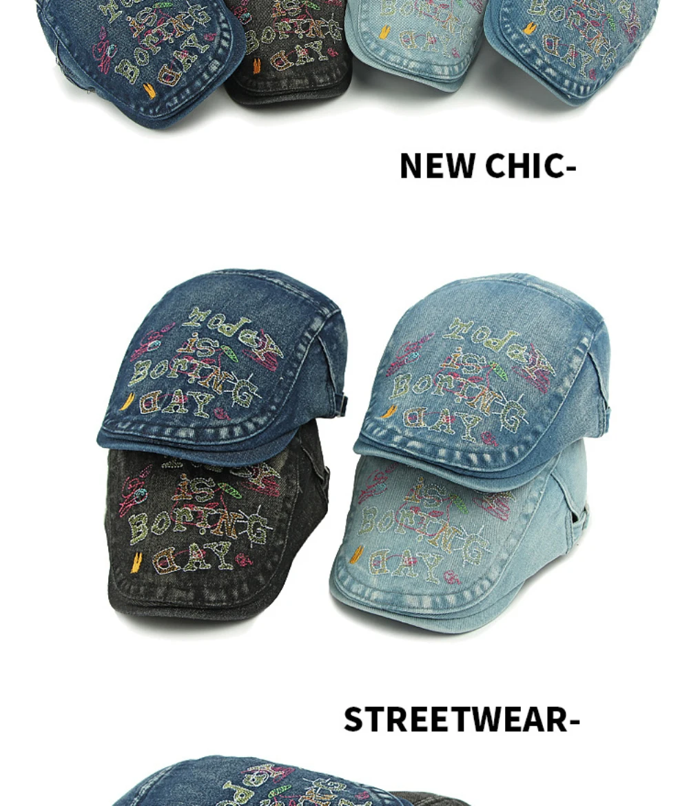 HT4739 Hochwertige Bestickte Buchstaben-Denim-Baskenmütze für Herren und Damen, Retro Künstler-Malermütze, Herren- und Damen-Ivy-Flatcap, Baskenmützen – Detail 2