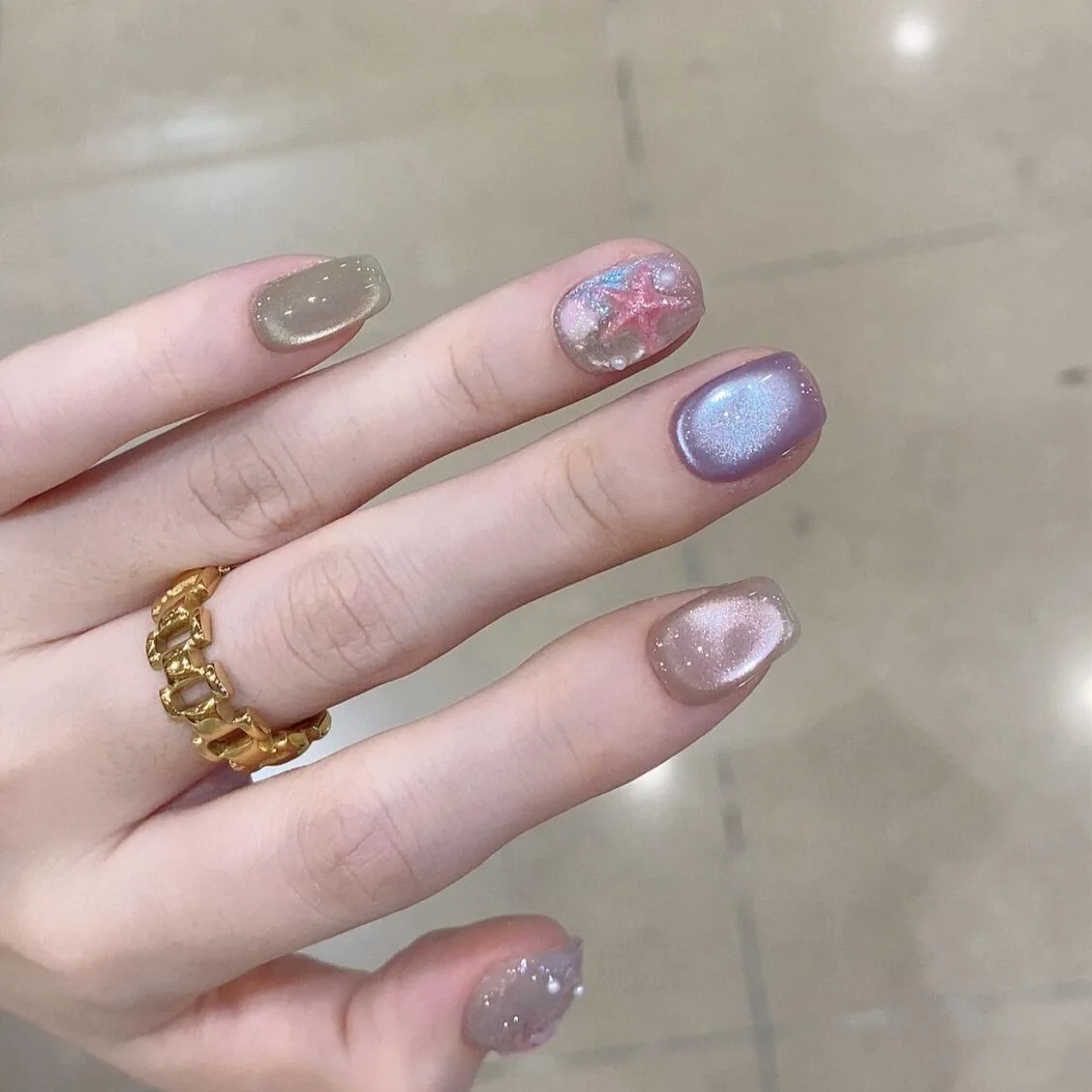 

10 шт. 3D Sea Star Press on Nails Короткие квадратные летние милые светящиеся накладные ногти «кошачий глаз» ручной работы с блестящим блестящим клеем на ногтях