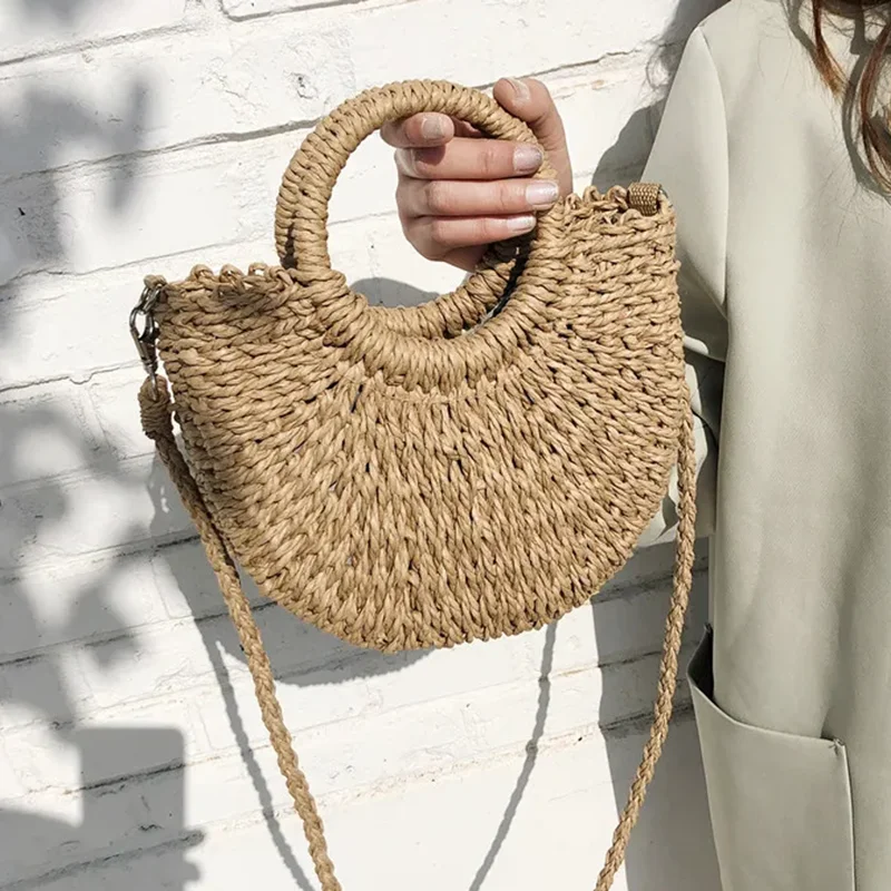 Summer New Simple Handheld Straw Woven Bag Women\'s Personalized Solid Color Half Round Shoulder Crossbody Travel Vacation Bag