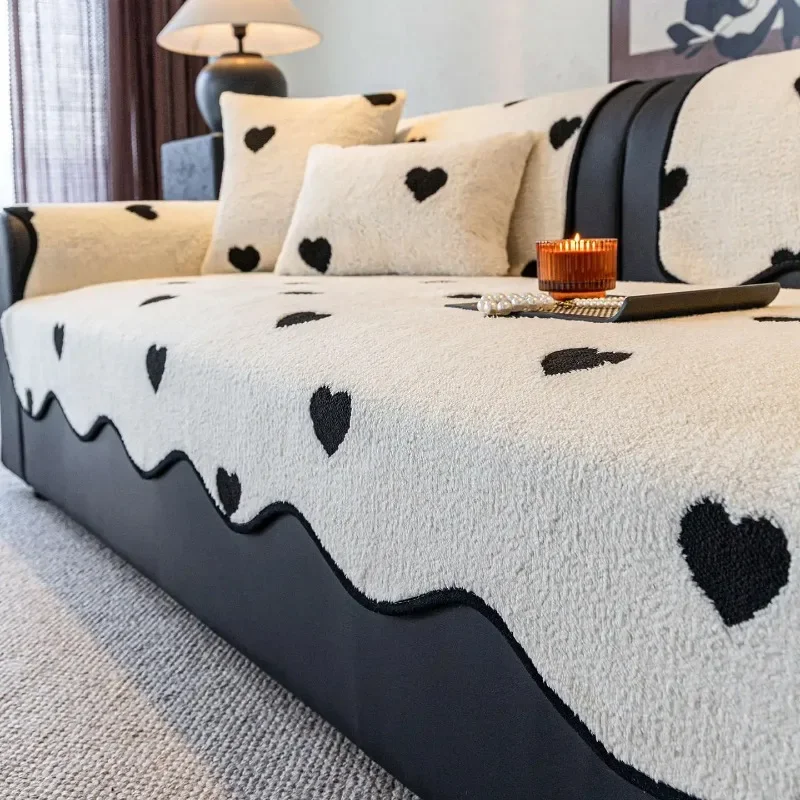 Red Heart-shaped Plush Sofa Cover Anti Slip Sofa Slipcover Straight Row Sofa Alien Edge Seat Cushion Living Room Decoration
