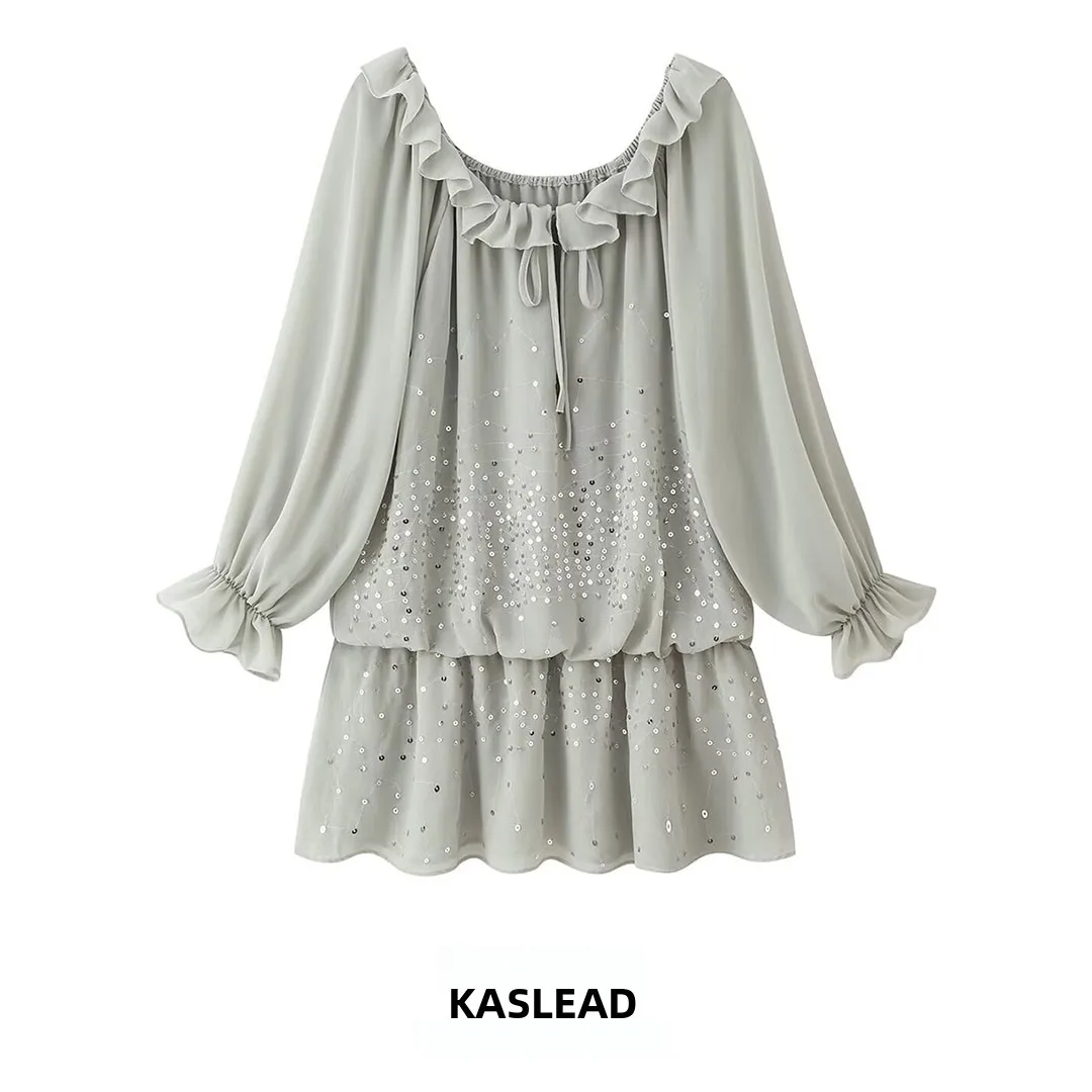 KASLEAD New Women's Fashion Versatile Shiny Multi-layer Decoration Georgette Dress A-line Skirt Long Sleeve round Neck Casual