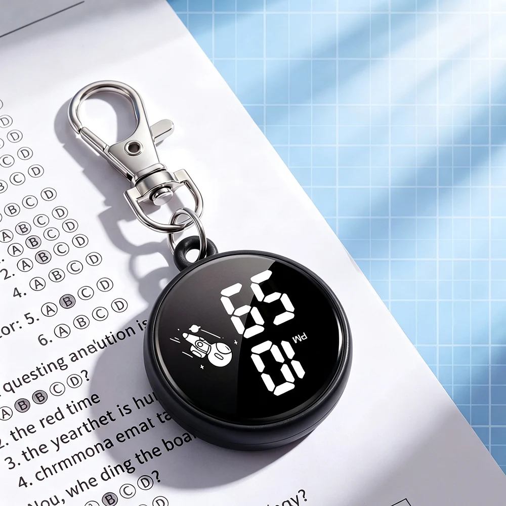 Silent Digital Exam Pocket Watches Children Portable Round Hanging Backpack Large Screen Kids Keychain Watch for Student Girls