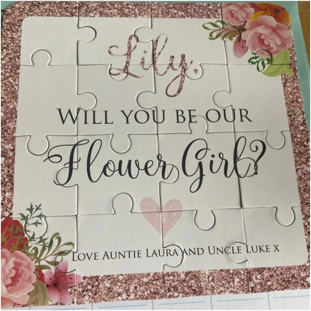 16*16 cm in oro rosa "Ti Sarà la mia ragazza di fiori?" Puzzle con proposta personalizzata con nome e firma personalizzati (3*5 puzzle)