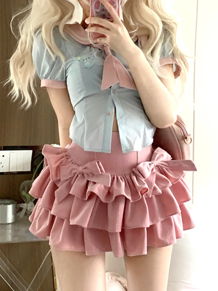 Lolita Kawaii Two Piece Set Women Summer Japanese College Style Party Mini Skirts Suit Blue Navy Collar Blouse + Pink Cake Skirt