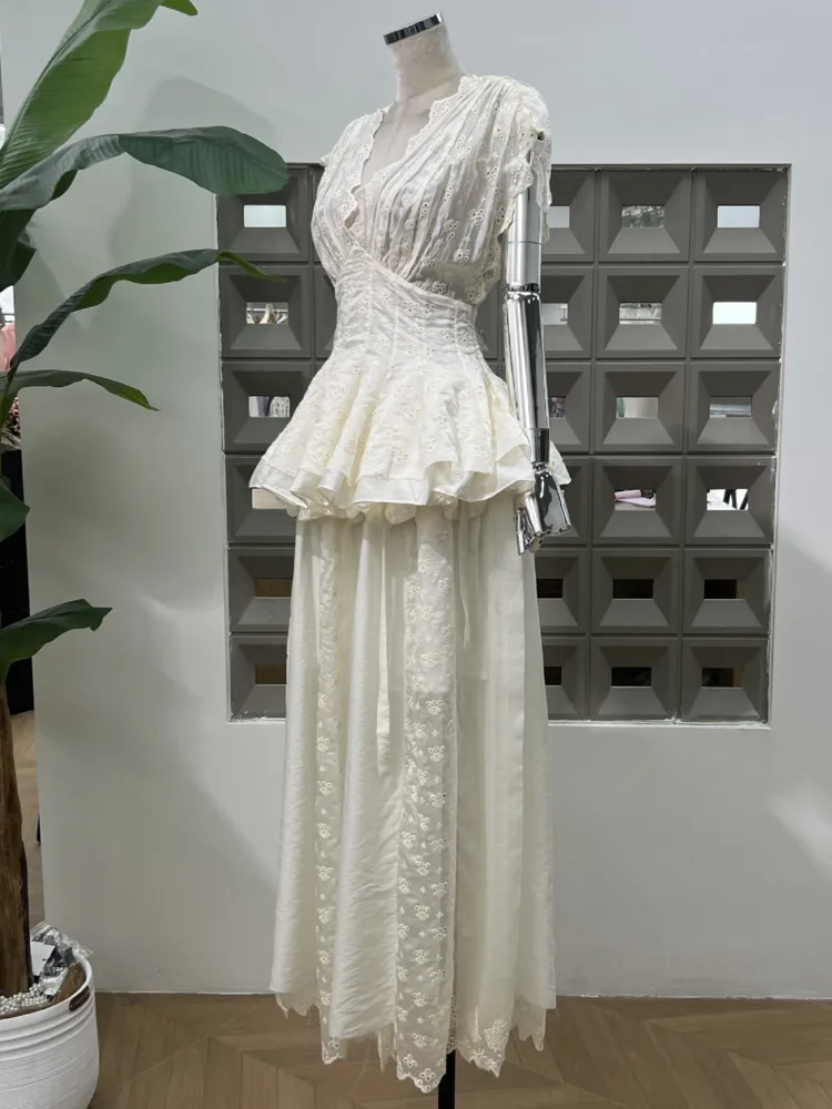 DFDG Donna 2025 Primavera Estate Designer Bohemian Ricamo Lace-up Crop Top Bubble Maxi Gonna Set da due pezzi