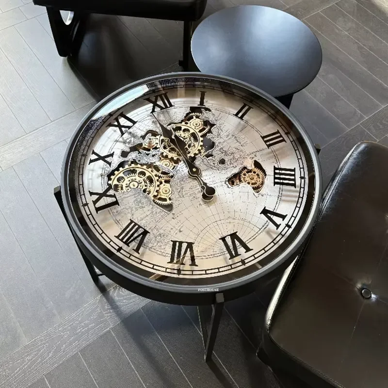 European Retro Clock Coffee Table for Home Living Room Furniture Designer Decorative Gear Side Table for Balcony Round Corner