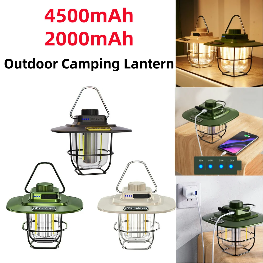 

LED Camping Light Retro Hanging Tent Lamp Waterproof Type-c Charging with Hook Battery Indicator Emergency Light for Outdoor