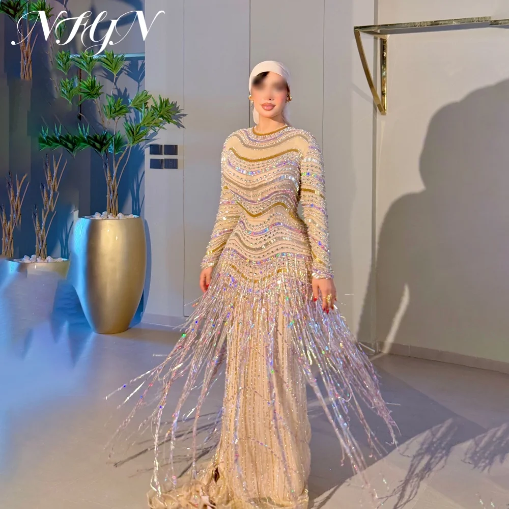 NFYN Opulent Women Nude Heavy Beaded Crystal Prom Gown  O-Neck Sequin Evening Gown Shimmer Fringe Mermaid Party Dress Customized