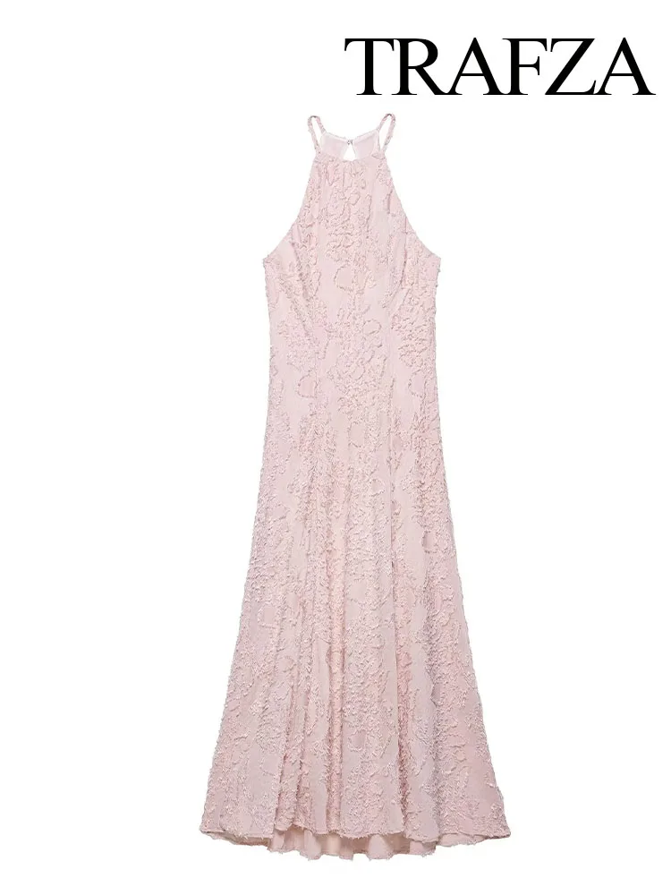 

TRAFZA Women's Summer Fashion Tassel Textured Halter Neck Sleeveless Dress Female Chic Sexy Off-Shoulder Sling Long Dress Mujer