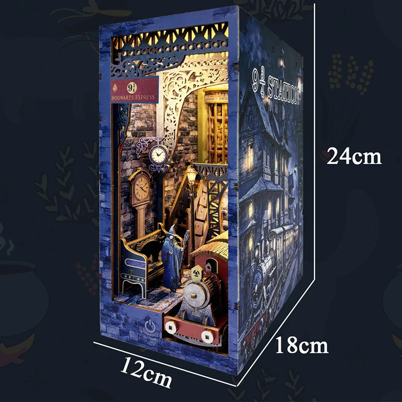 Fai da te in legno 9 3/4 stazione magica libro angolo scaffale inserto kit modello in miniatura con mobili libreria fermalibri per gli amici regalo