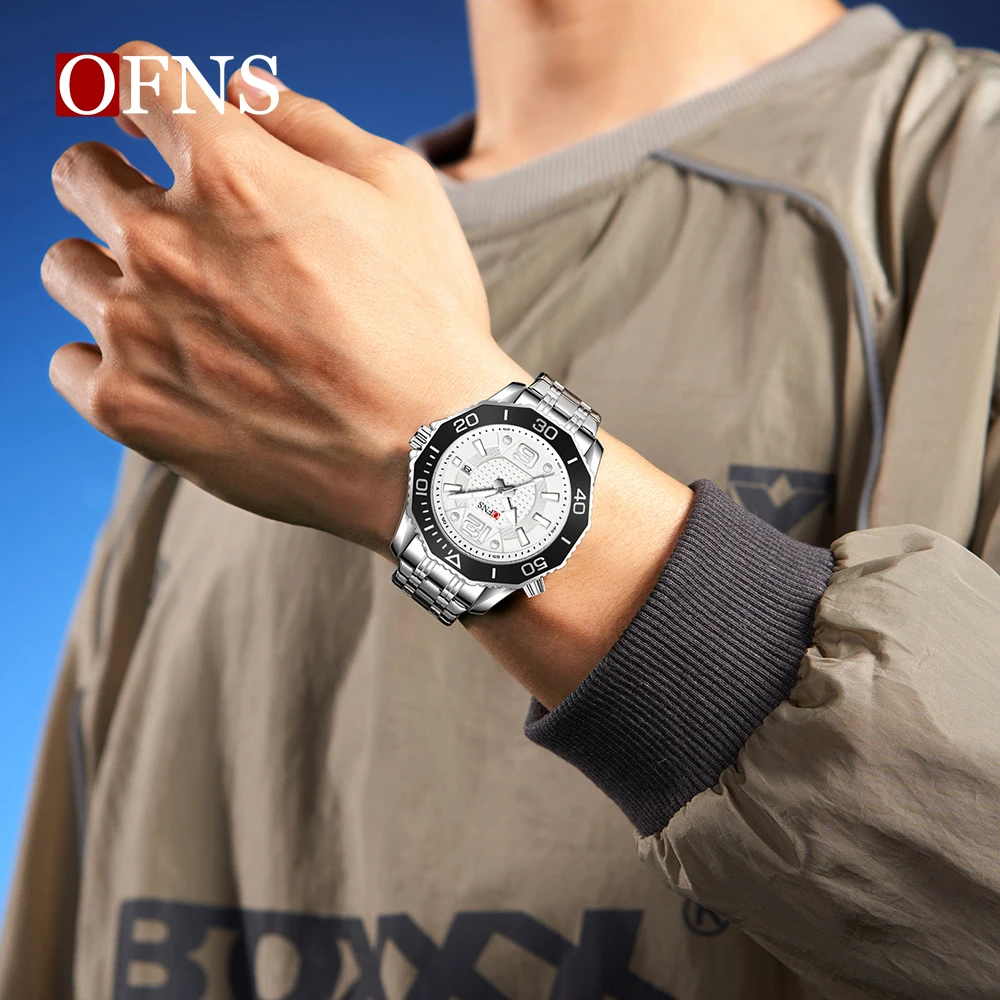 OFNS 1625 Casual Men's Quartz Wristwatch Calendar Luminous Waterproof Steel Strap Fashion Sports Watches for Man