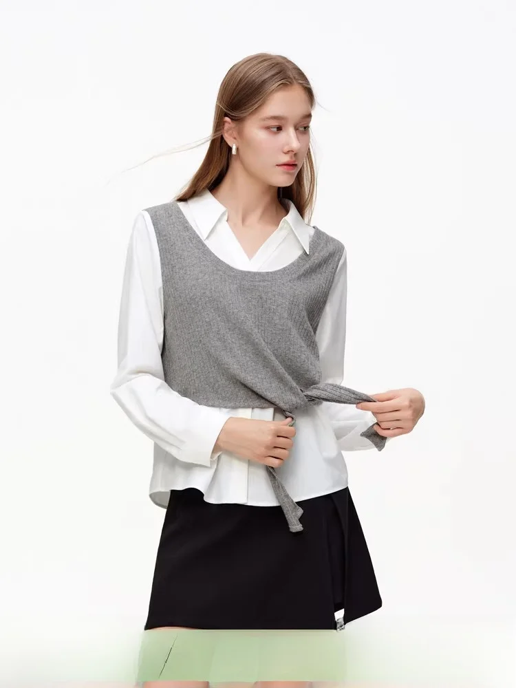 

Faionable Knitted Vest Top Women's irt Sle Two-Piece Look Spring 2026 New Arrival Comfortable Polyester Blend Long Sve