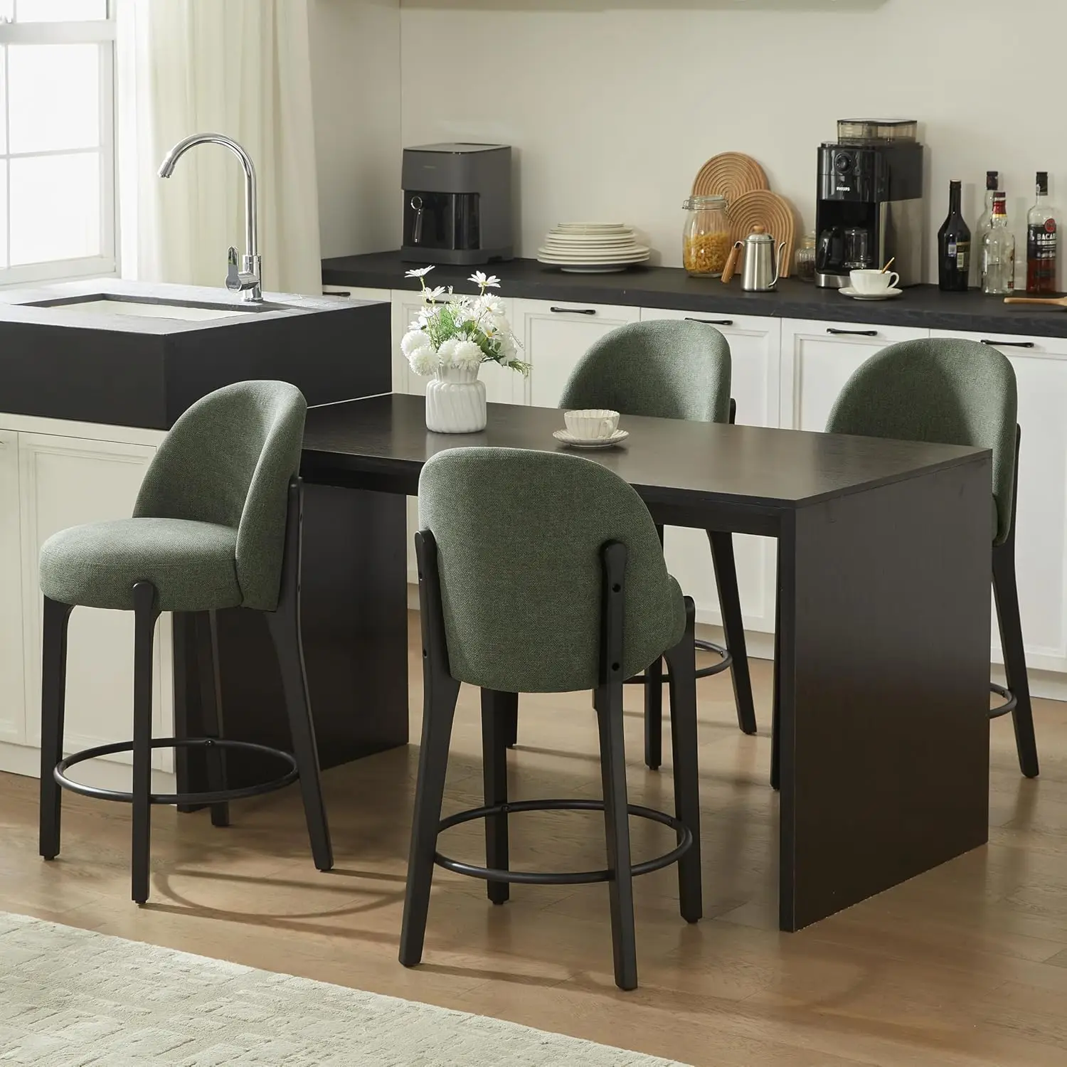 

Набор из 4 барных стульев высотой 26 дюймов, в стиле Mid-Century Modern, с деревянными элементами, обитые тканью, на заказ