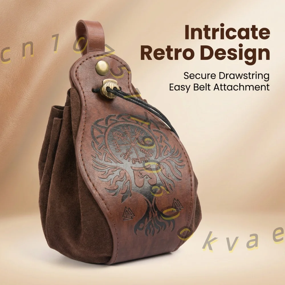 Viking Style Waist Pouch with Rune Patterns Medieval Coin Bag Belt Accessory for Men Women Vintage Costume Props
