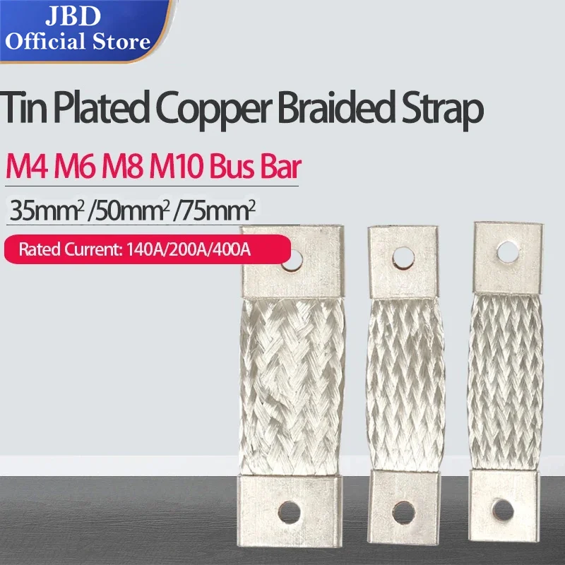 72mm Flexible Bus Bar Plated Copper Braided Strap Busbar M4 M6 M8 M10 Connector Battery Band 35mm2 50mm2 75mm2 140A 200A 400A