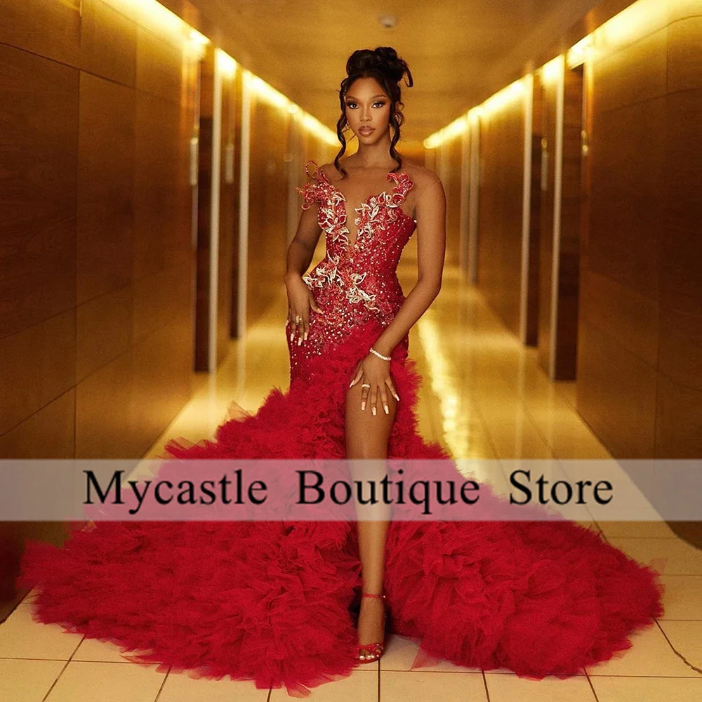 Aso Ebi Red Beaded Tulle Side Slit Mermaid Evening Dresses 2025 African For Women Prom Dress Wedding Party Dress Customized