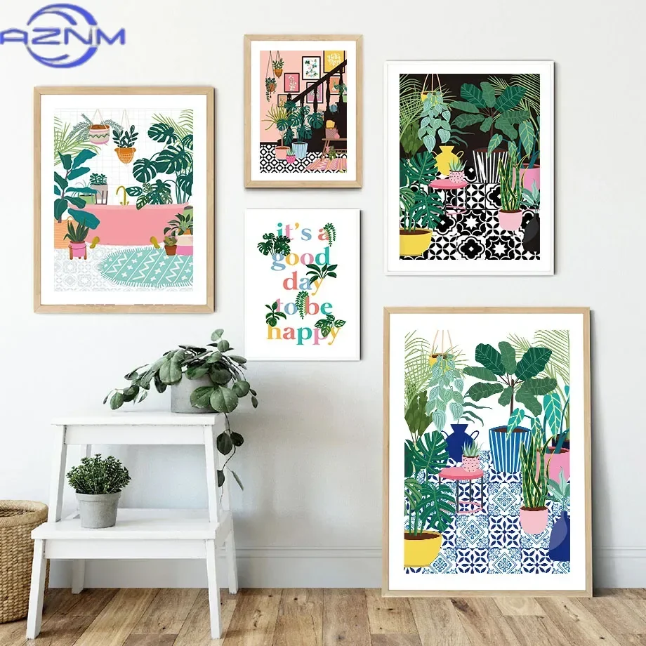 Abstract Tropical Plant Leaf Vase Boho Posters Minimalist Print Canvas Painting Wall Art for Living Room Modern Home Decor