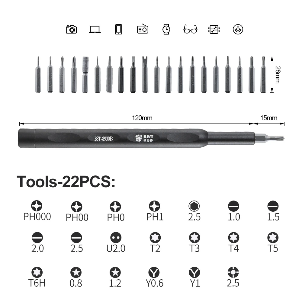 BST-8930 22 in 1 Screwdriver Kit Tweezer Magnetic Screwdriver Bits for iPhone MacBook Mobile Phone Tablet Watch Repair Tools Set