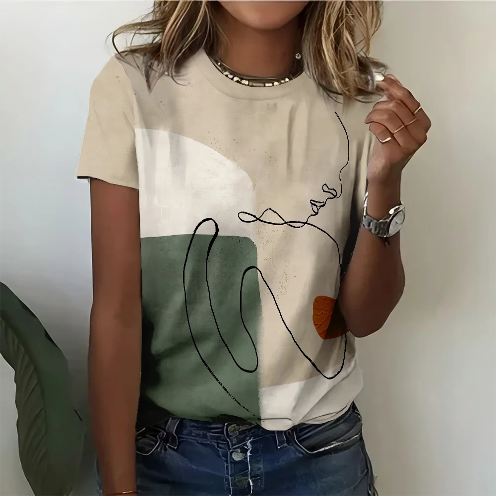 

Rice Green Abstract Line Art Women's T-shirt Simple Casual Fashion Summer Round Neck Short Sleeve