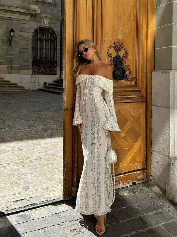 Robe longue en dentelle ajourée, dos nu, Slim, sans bretelles, épaules dénudées, Chic, Sexy, Robes de soirée, de Club, nouvelle collection 2025