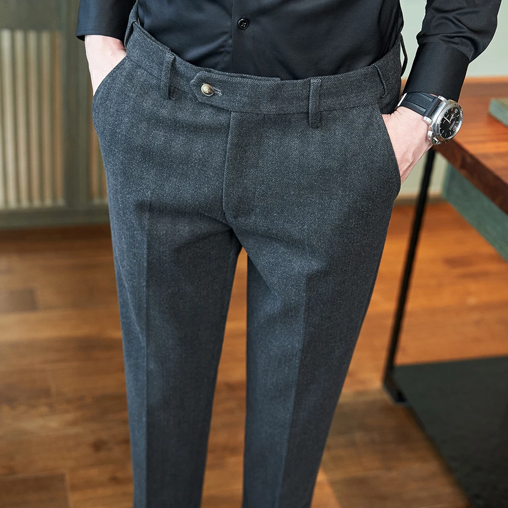 New 2024 Woolen Business Casual Men's Slim-fit Trousers Fashionable Trousers Youth Daily Commuting Trousers Waist Can Stretch.