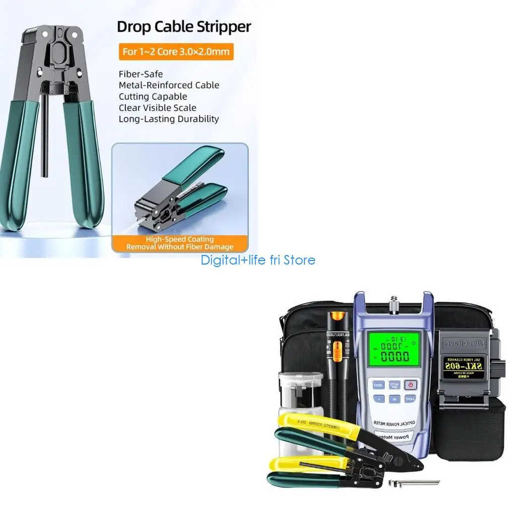 E06D FTTH Fiber Optics Tool With Visual Fault Locators Opticals Power Meter Cleaver Stripper For Cold Connection And Cable