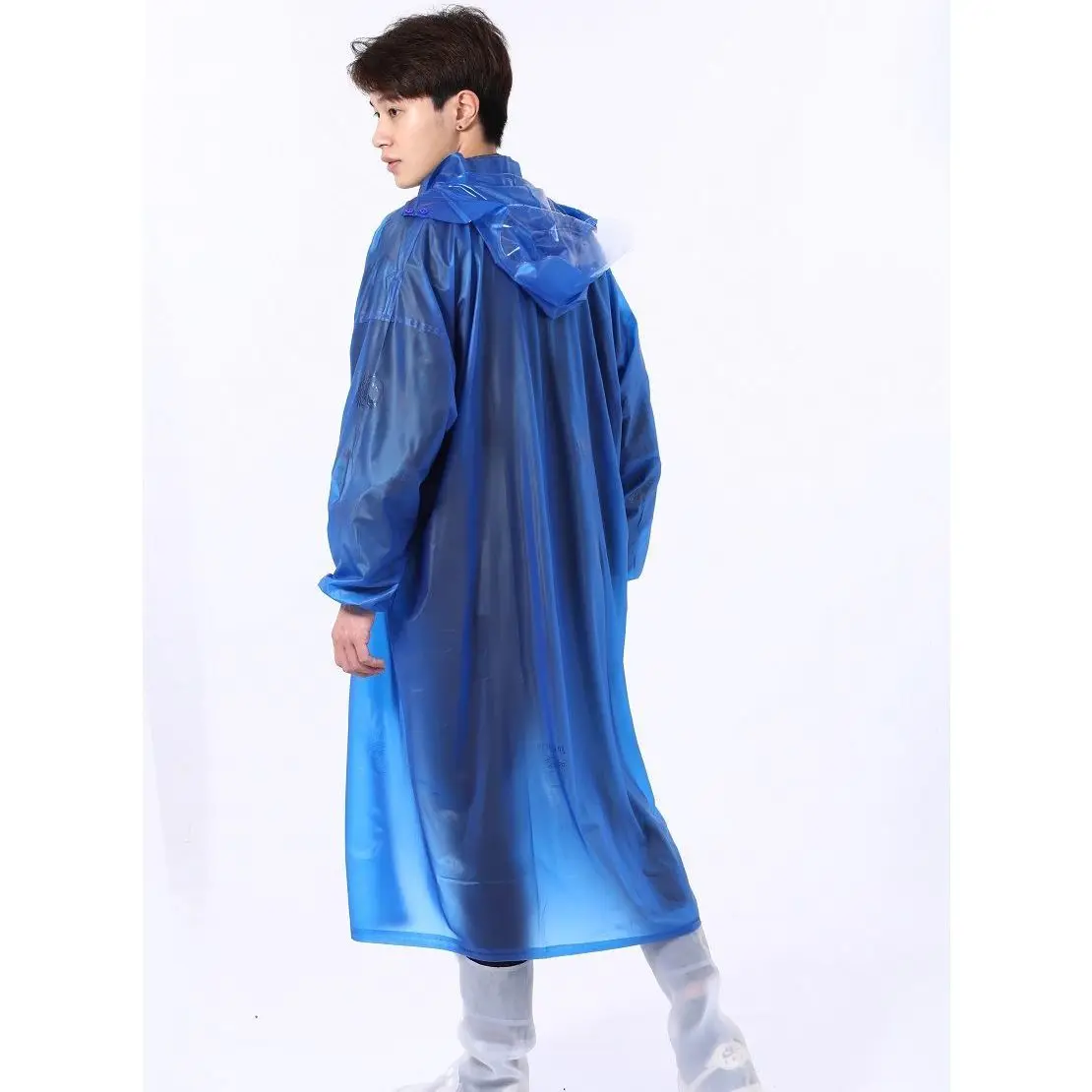 

Longer Trench Raincoat Ankle Length Blue Loosen Casual Jacket Windproof Outdoor Stage Dance Performance Rain Jacket